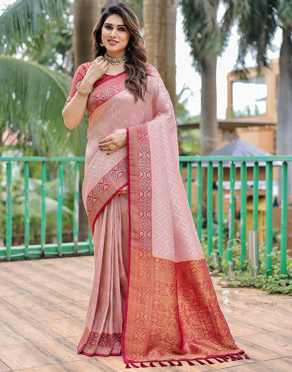 Salmon Peach Kanjivaram Silk Saree With Zari Weaving Work