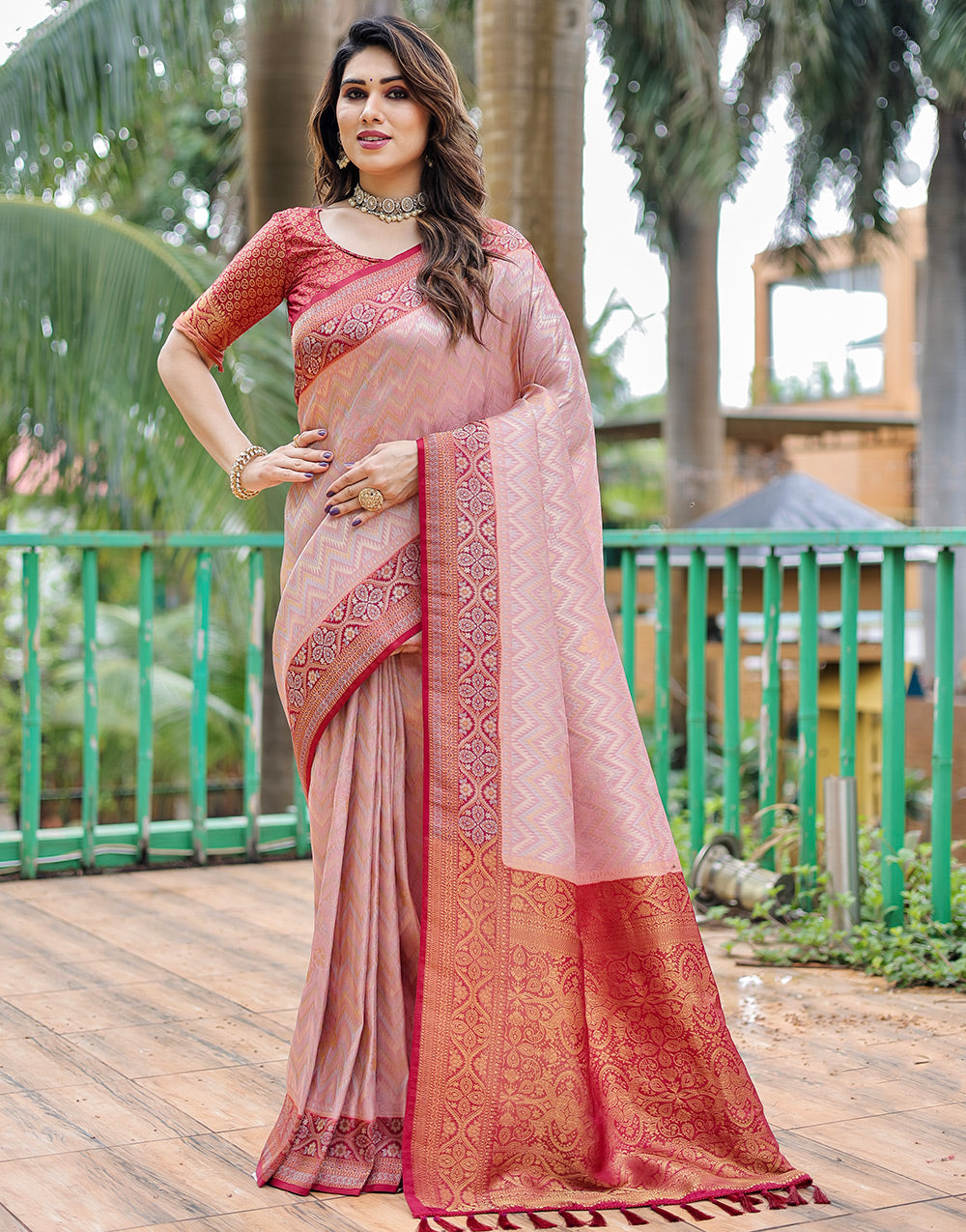 Salmon Peach Kanjivaram Silk Saree With Zari Weaving Work