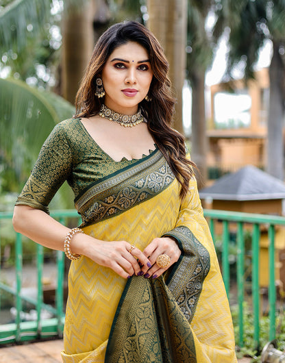 Yellow & Green Kanjivaram Silk Saree With Zari Weaving Work