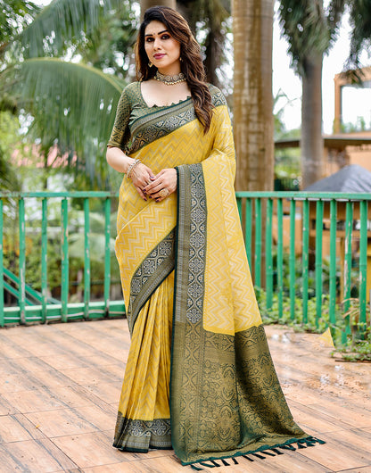 Yellow & Green Kanjivaram Silk Saree With Zari Weaving Work