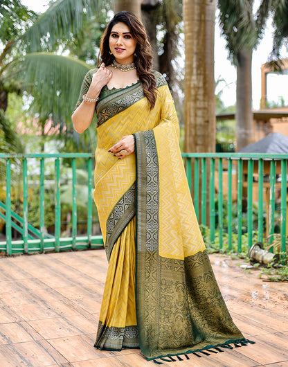 Yellow & Green Kanjivaram Silk Saree With Zari Weaving Work