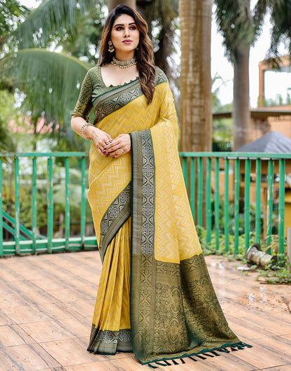 Yellow & Green Kanjivaram Silk Saree With Zari Weaving Work