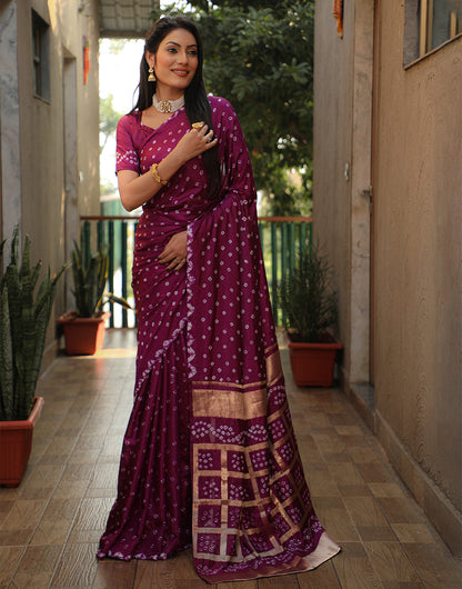 Dark Magenta Bandhani Saree With Zari Weaving Work