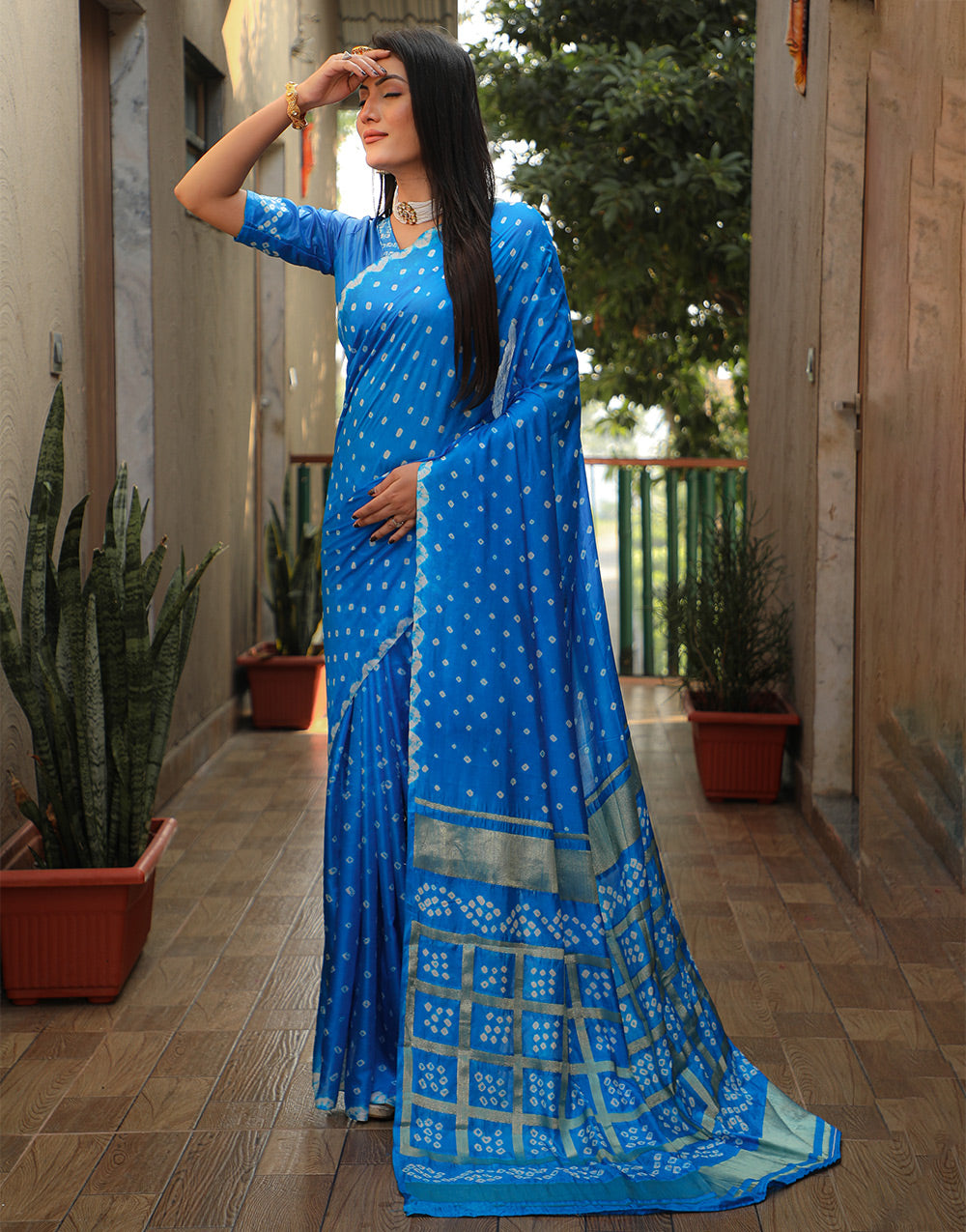 Azure Blue Bandhani Saree With Zari Weaving Work