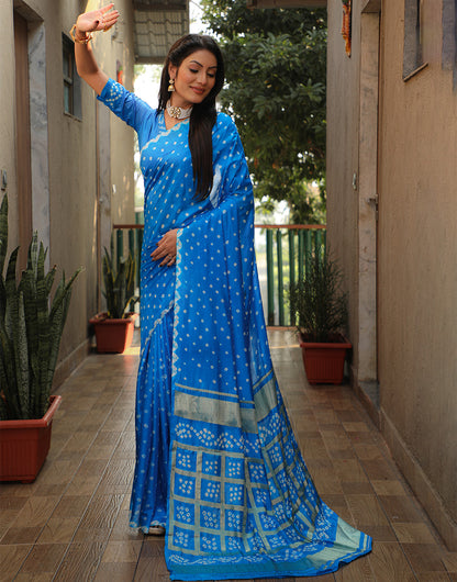 Azure Blue Bandhani Saree With Zari Weaving Work