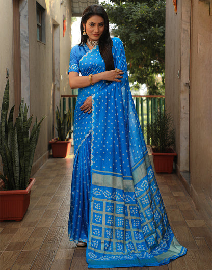 Azure Blue Bandhani Saree With Zari Weaving Work