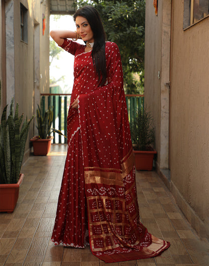 Deep Maroon Bandhani Saree With Zari Weaving Work