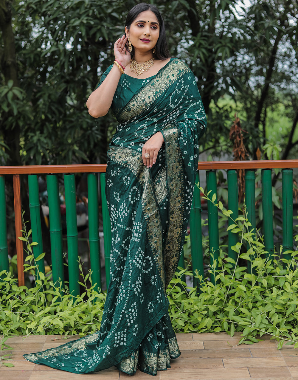 Castleton Green Hand Bandhej Bandhani Saree With Zari Weaving Work