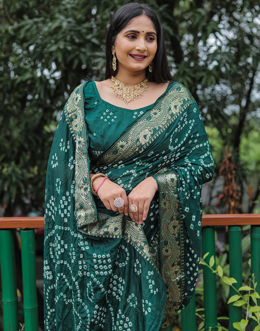 Castleton Green Hand Bandhej Bandhani Saree With Zari Weaving Work