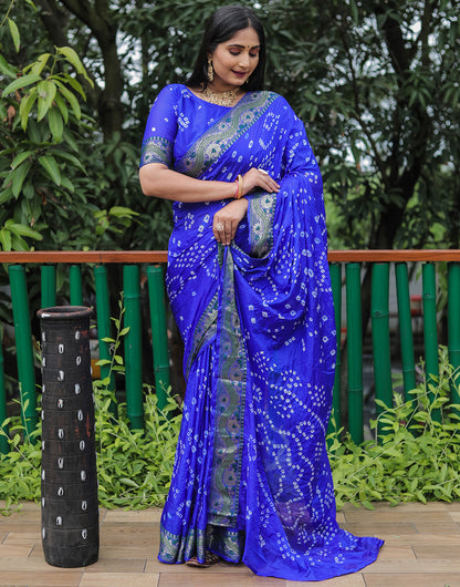 Blue Hand Bandhej Bandhani Saree With Zari Weaving Work