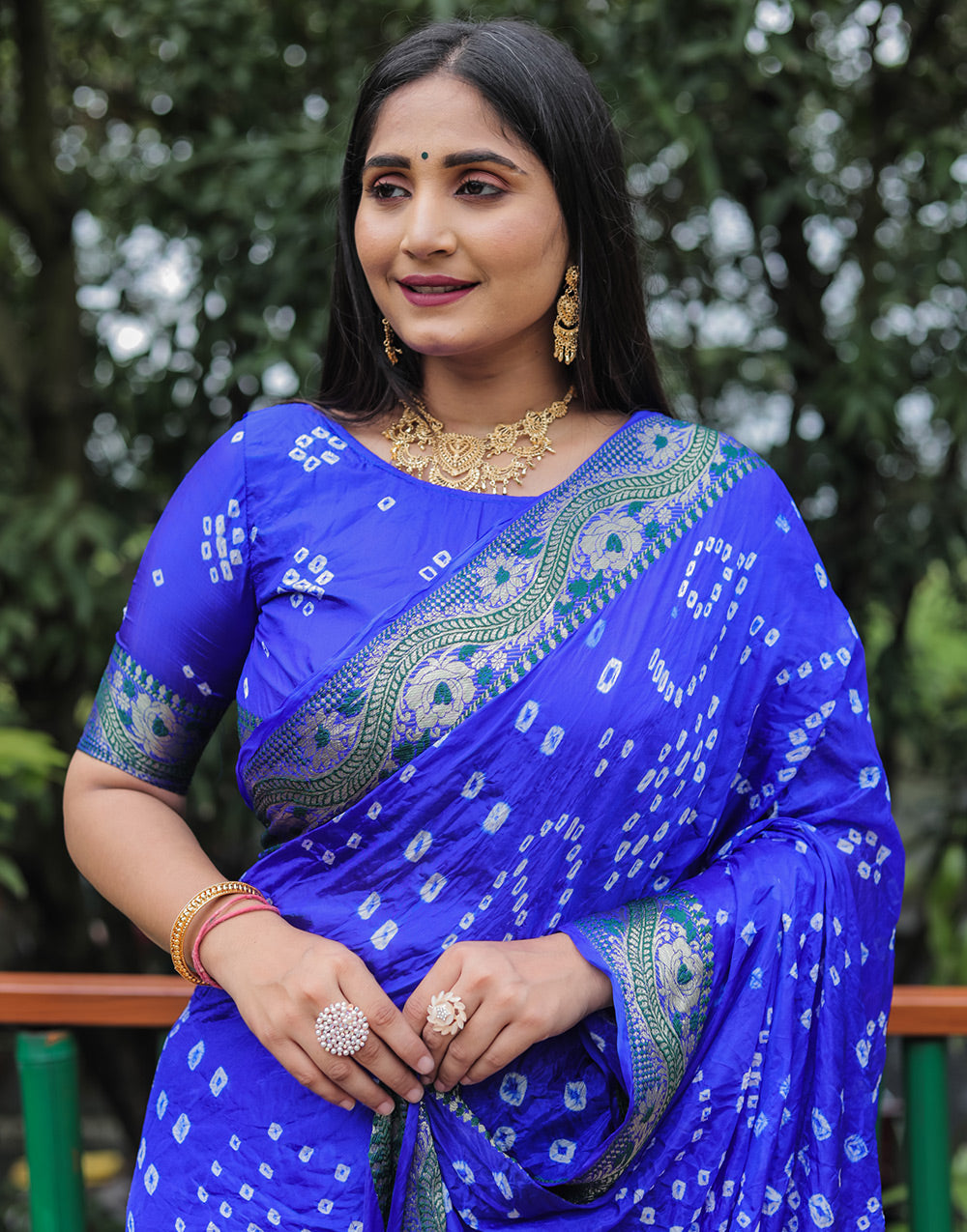 Blue Hand Bandhej Bandhani Saree With Zari Weaving Work