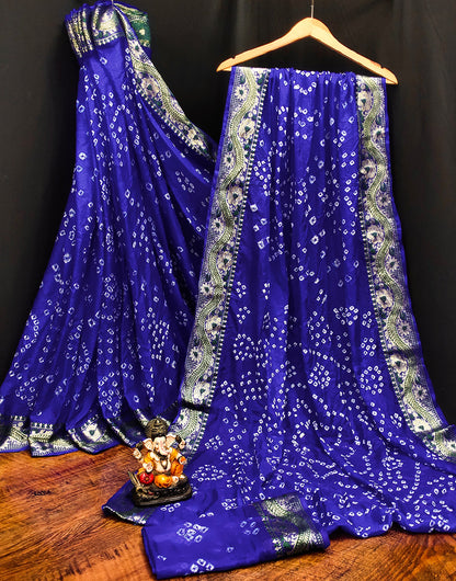 Blue Hand Bandhej Bandhani Saree With Zari Weaving Work