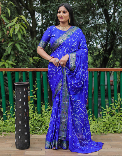 Blue Hand Bandhej Bandhani Saree With Zari Weaving Work