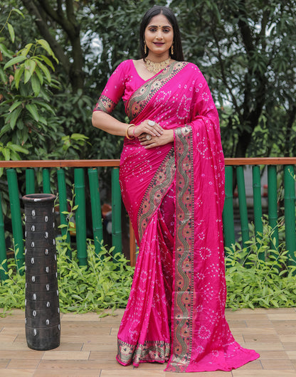 Pink Hand Bandhej Bandhani Saree With Zari Weaving Work