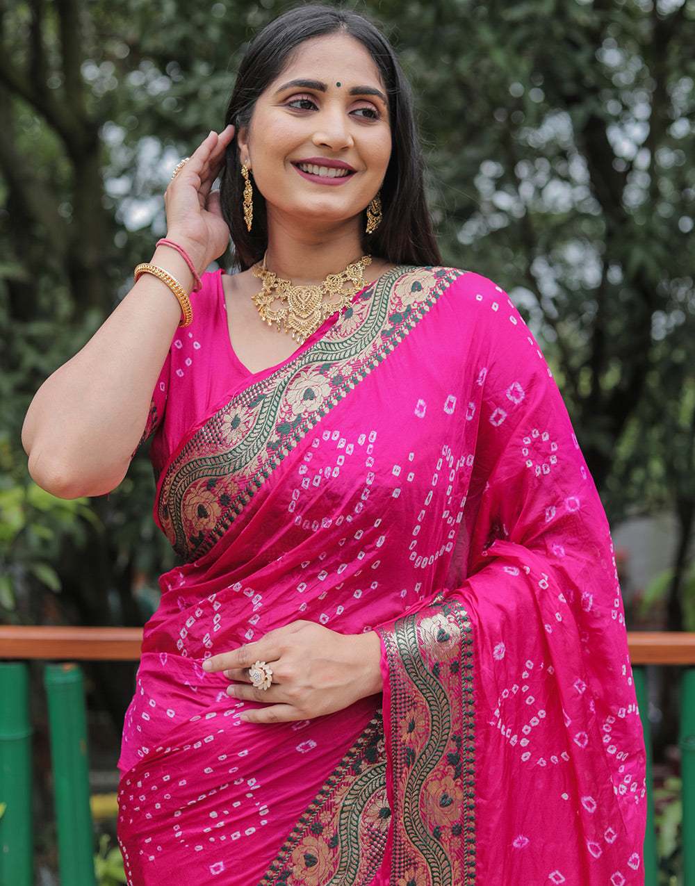 Pink Hand Bandhej Bandhani Saree With Zari Weaving Work