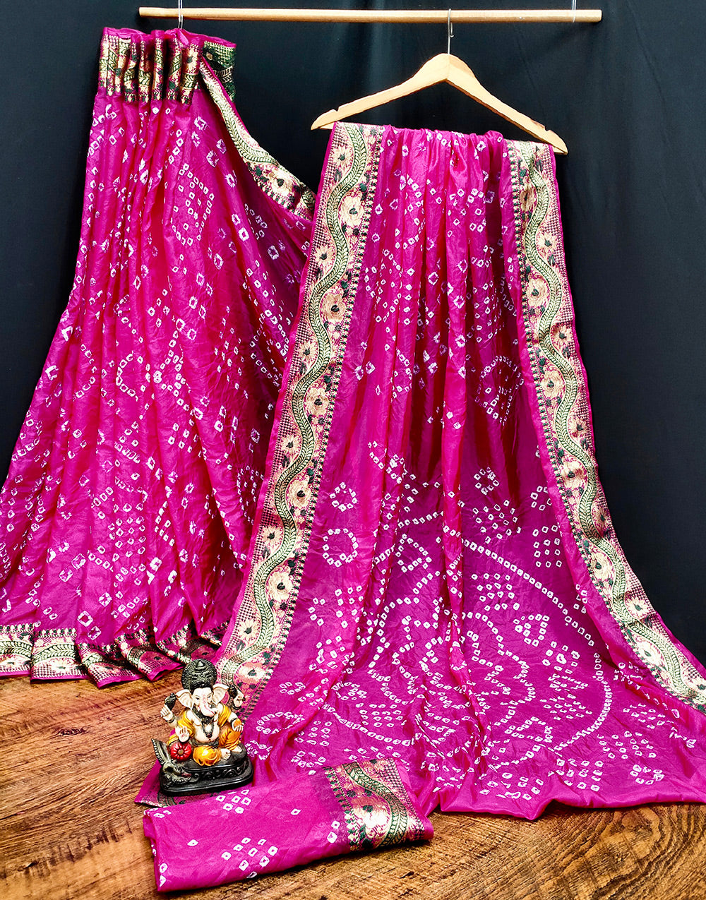 Pink Hand Bandhej Bandhani Saree With Zari Weaving Work