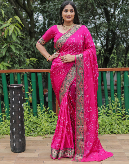 Pink Hand Bandhej Bandhani Saree With Zari Weaving Work