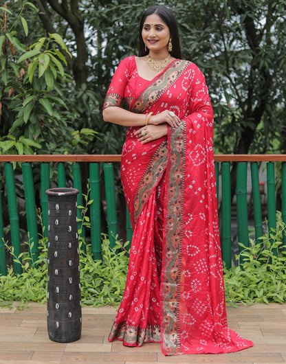 Amaranth Red Hand Bandhej Bandhani Saree With Zari Weaving Work