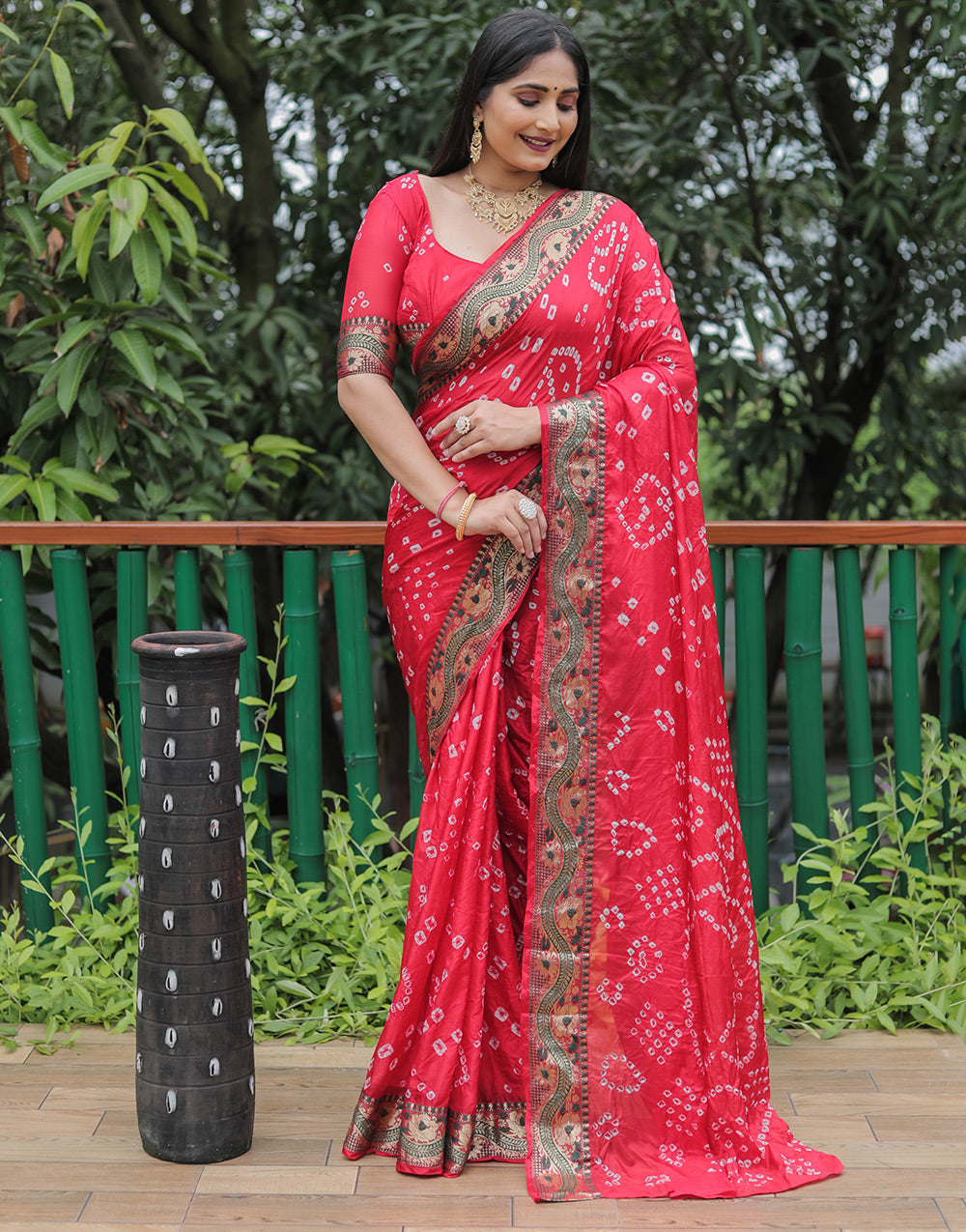 Amaranth Red Hand Bandhej Bandhani Saree With Zari Weaving Work