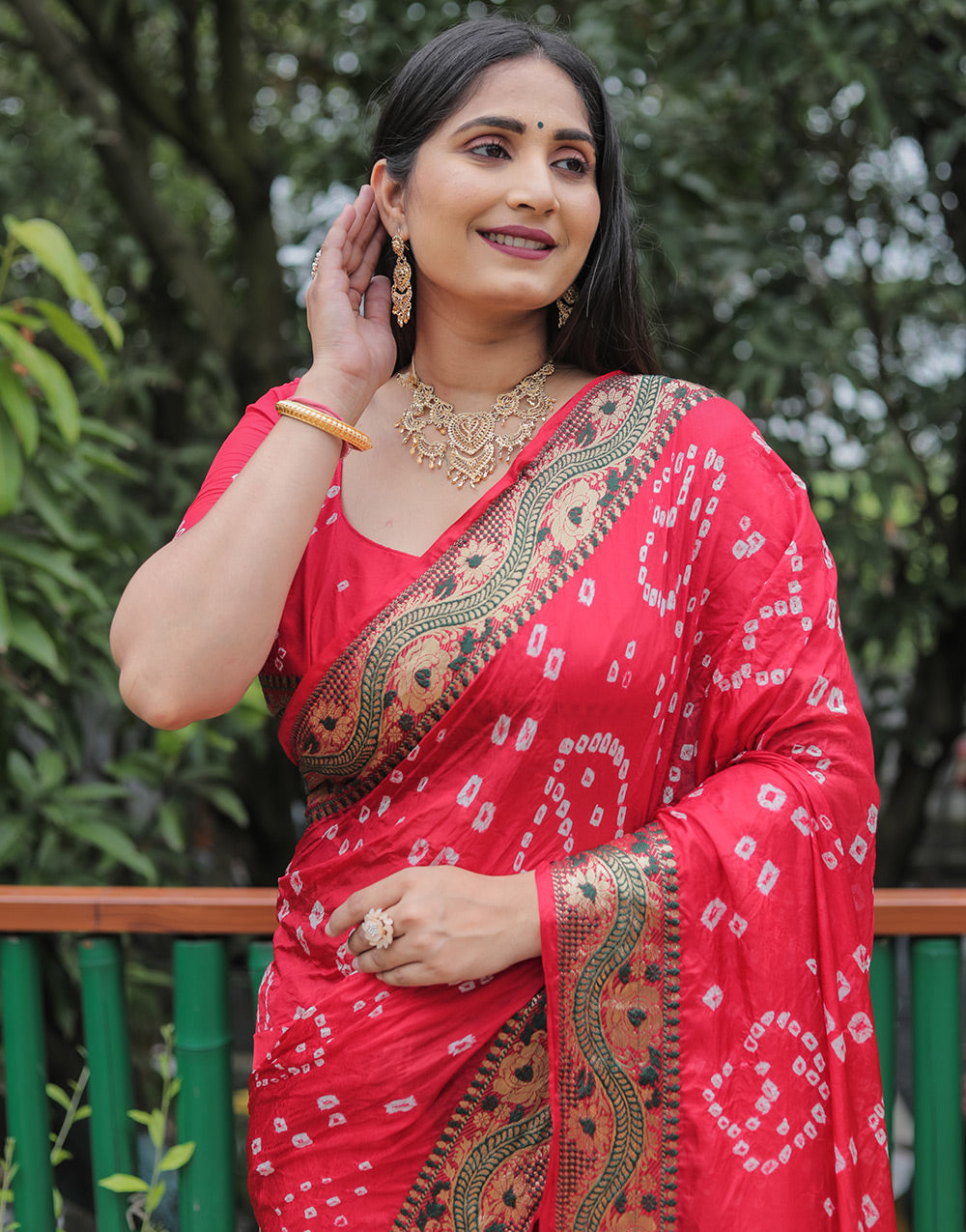 Amaranth Red Hand Bandhej Bandhani Saree With Zari Weaving Work