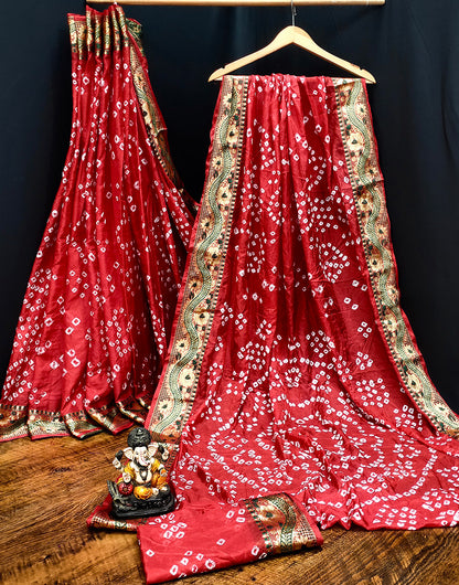 Amaranth Red Hand Bandhej Bandhani Saree With Zari Weaving Work