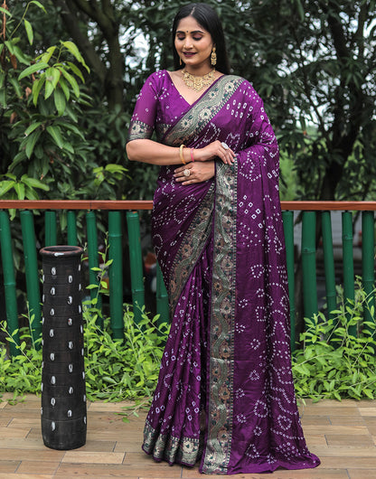 Eggplant Violet Hand Bandhej Bandhani Saree With Zari Weaving Work