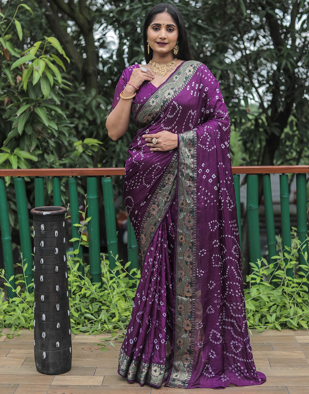 Eggplant Violet Hand Bandhej Bandhani Saree With Zari Weaving Work