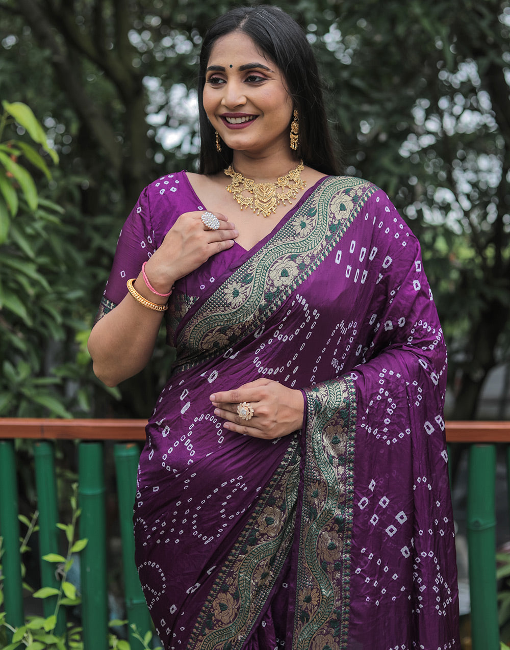 Eggplant Violet Hand Bandhej Bandhani Saree With Zari Weaving Work