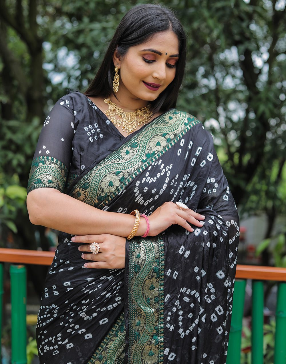 Black Hand Bandhej Bandhani Saree With Zari Weaving Work