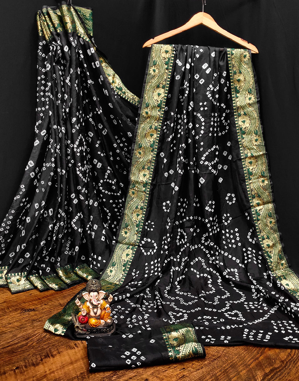 Black Hand Bandhej Bandhani Saree With Zari Weaving Work