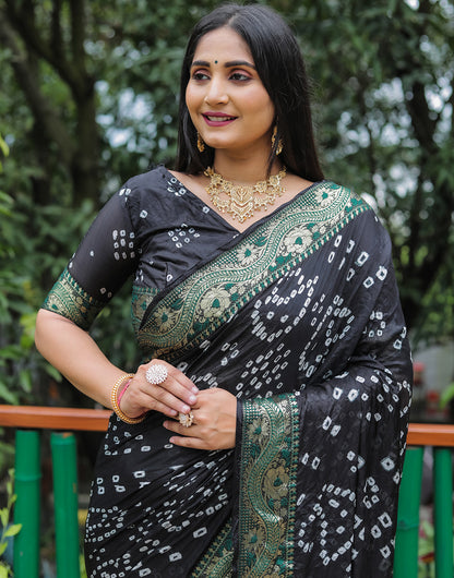 Black Hand Bandhej Bandhani Saree With Zari Weaving Work