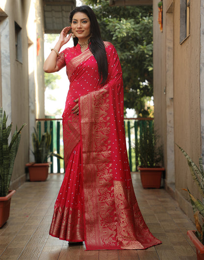 Rose Red Dola Silk Bandhani Saree With Zari Weaving Work