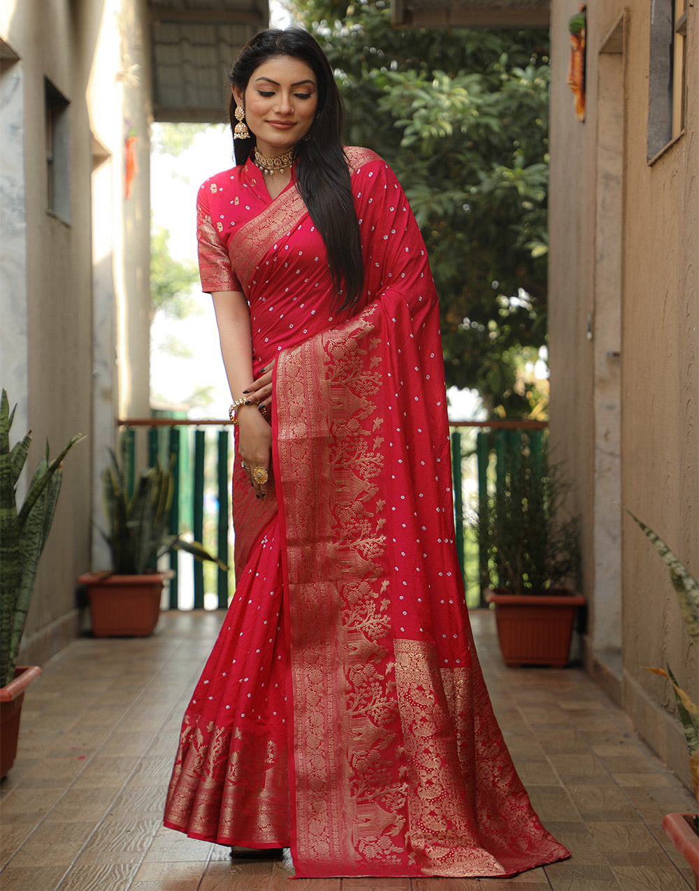 Rose Red Dola Silk Bandhani Saree With Zari Weaving Work