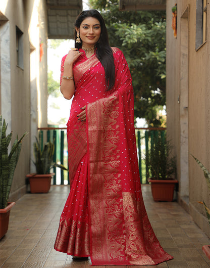 Rose Red Dola Silk Bandhani Saree With Zari Weaving Work