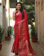 Rose Red Dola Silk Bandhani Saree With Zari Weaving Work