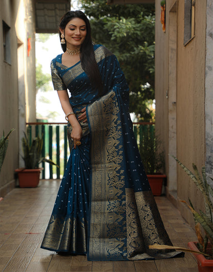 Prussian Blue Dola Silk Bandhani Saree With Zari Weaving Work