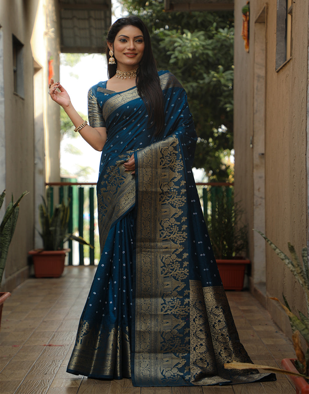 Prussian Blue Dola Silk Bandhani Saree With Zari Weaving Work