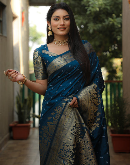 Prussian Blue Dola Silk Bandhani Saree With Zari Weaving Work