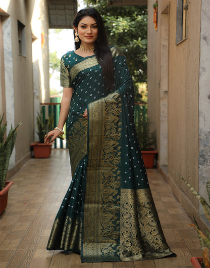 Dark Green Dola Silk Bandhani Saree With Zari Weaving Work