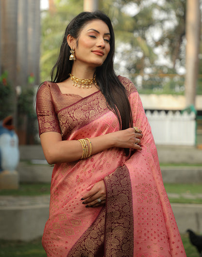 Salmon Pink Kanjivaram Silk Saree With Weaving Work