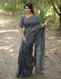 Grey Khadi Tussar Silk Saree With Thread Work