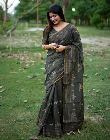 Shadow Grey Khadi Tussar Silk Saree With Thread Work