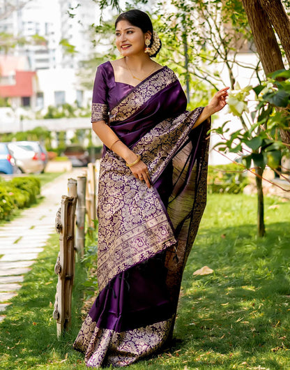 Purple Handloom Raw Silk Saree With Weaving Work