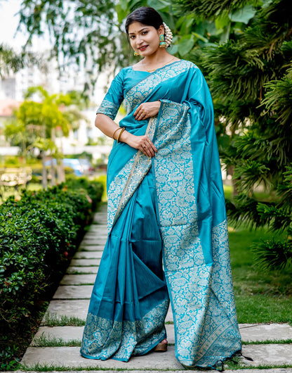 Sky Blue Handloom Raw Silk Saree With Weaving Work