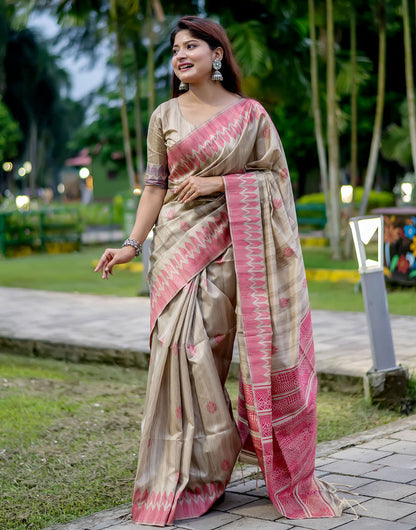 Light Pink & Beige Tussar Silk Saree With Weaving Work