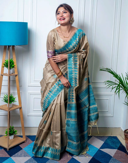 Sea Blue & Beige Tussar Silk Saree With Weaving Work