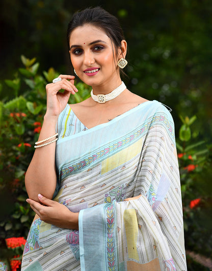 Light Blue Soft Linen Saree With Printed Work