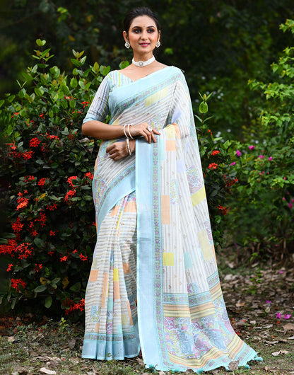 Light Blue Soft Linen Saree With Printed Work