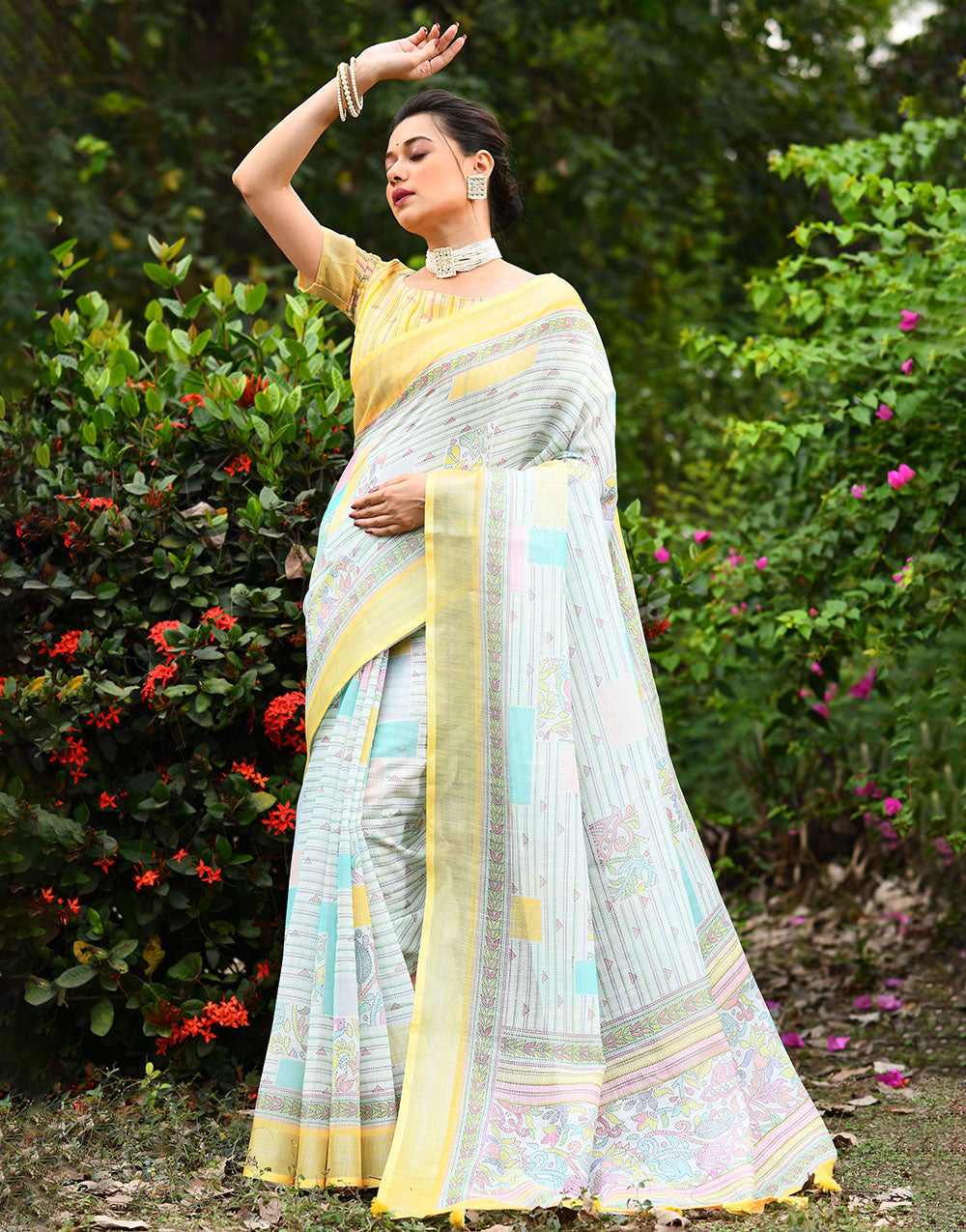 White & Yellow Soft Linen Saree With Printed Work