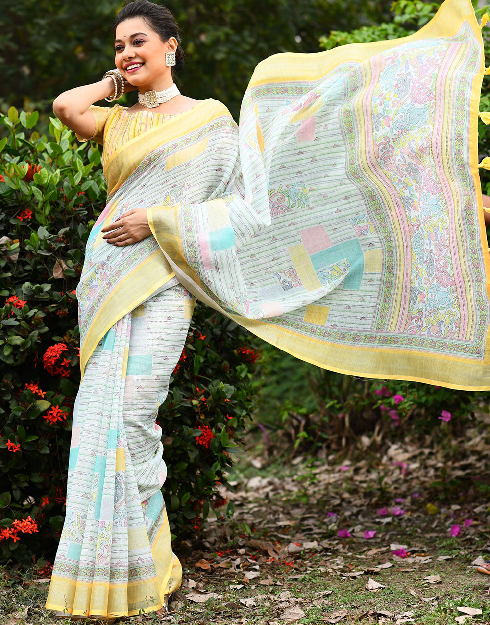 White & Yellow Soft Linen Saree With Printed Work